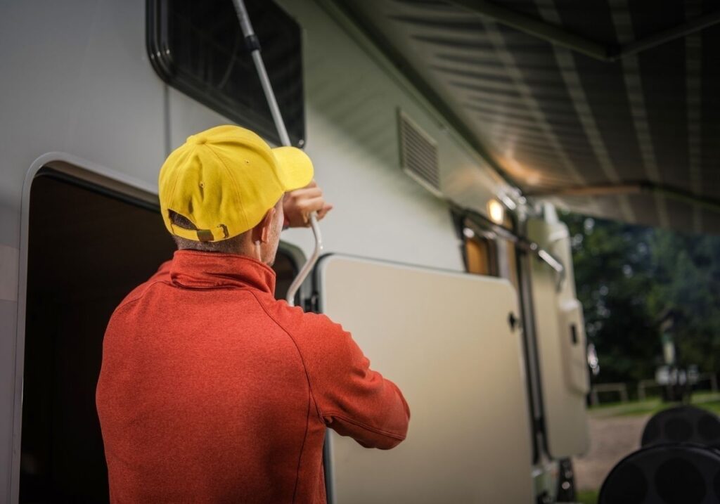 RV awning fully extended after same-day repair at Hoover Met RV Park